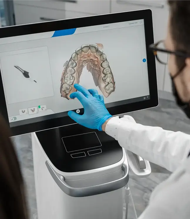 Zobārstniecības kabinetā ārsts un pacients apskata intraorālās skenēšanas 3D augšžokļa zobu nospiedumu nakts kapei